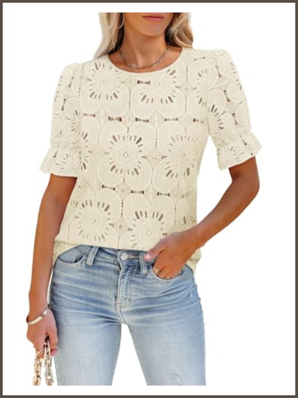 Women's Eyelet Puff Short Sleeve Lace Embroidered Blouse